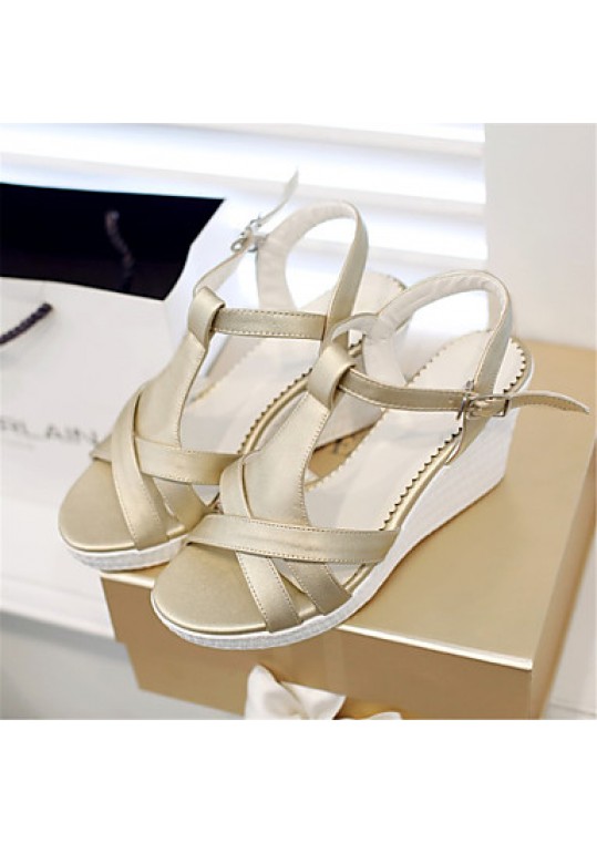 Women's Shoes Leatherette Wedge Heel Wedges Sandals Wedding / Party & Evening / Dress / Casual White / Silver