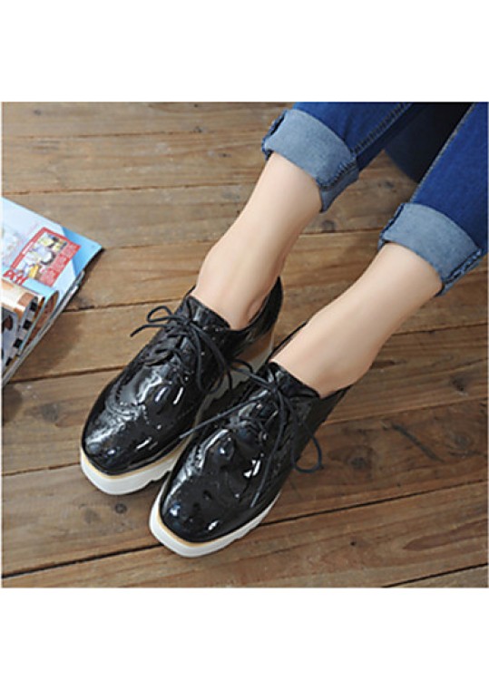 Women's Shoes Patent Leather Wedge Heel Square Toe Oxfords Casual Black/White