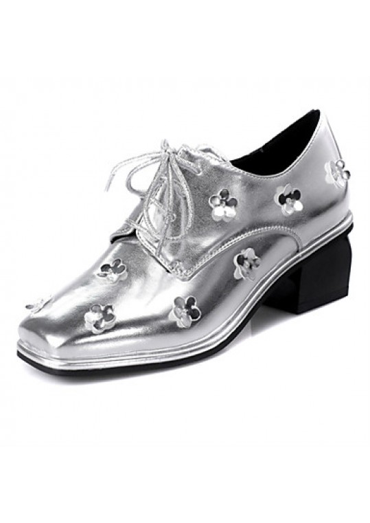 Women's Fall Square Toe PU Office & Career / Dress / Casual Chunky Heel Flower Silver / Gold