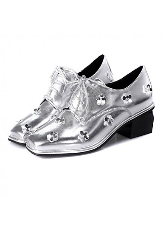 Women's Fall Square Toe PU Office & Career / Dress / Casual Chunky Heel Flower Silver / Gold